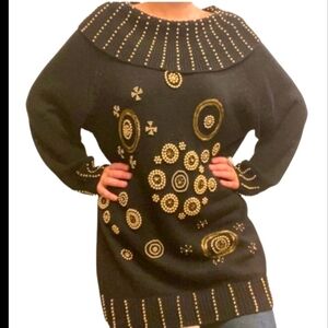 Vtg 80s black knit gold beads "Dynasty" style cotton tunic cowl sweater sz S